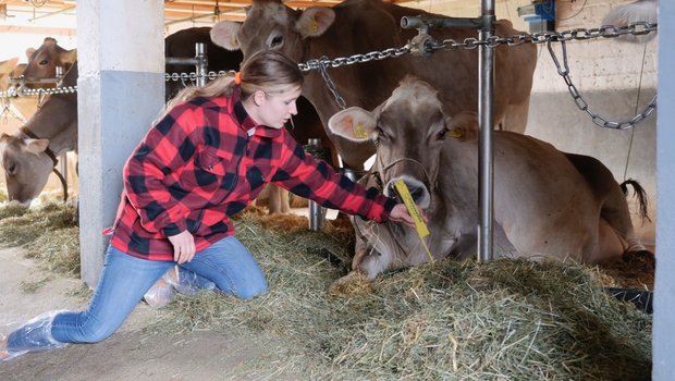 Landwirtin Martina Schmid bera¨t im Bereich «Stall-Optimierungen». Bild: Martina Rüegger 