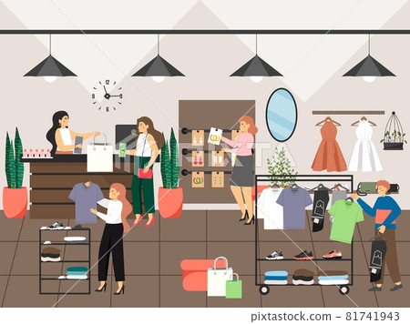 Women shopping and buying clothes in clothing... - Stock Illustration ...