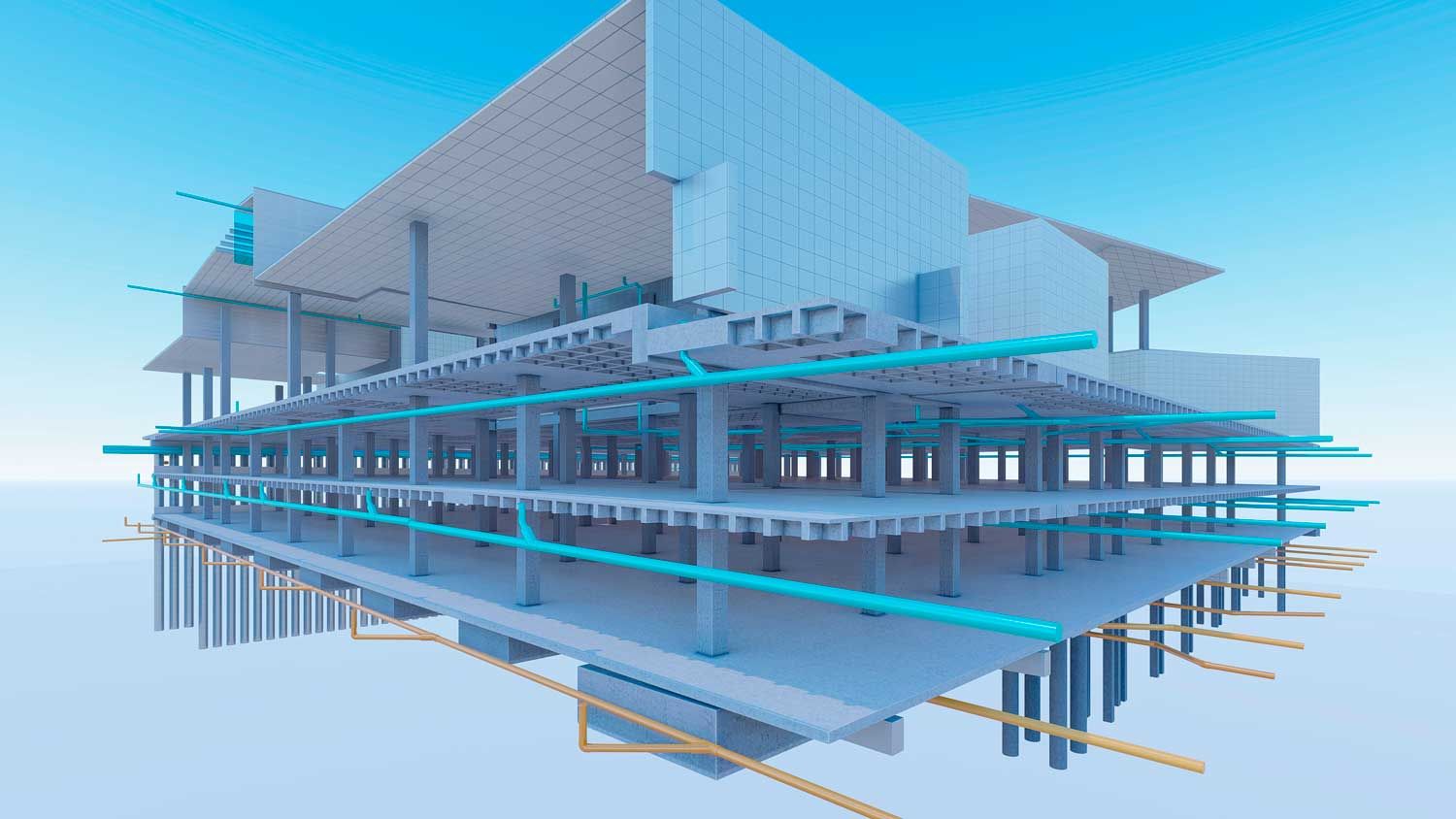 a sectional axonometric view of BIM model showing the structure and ducting system