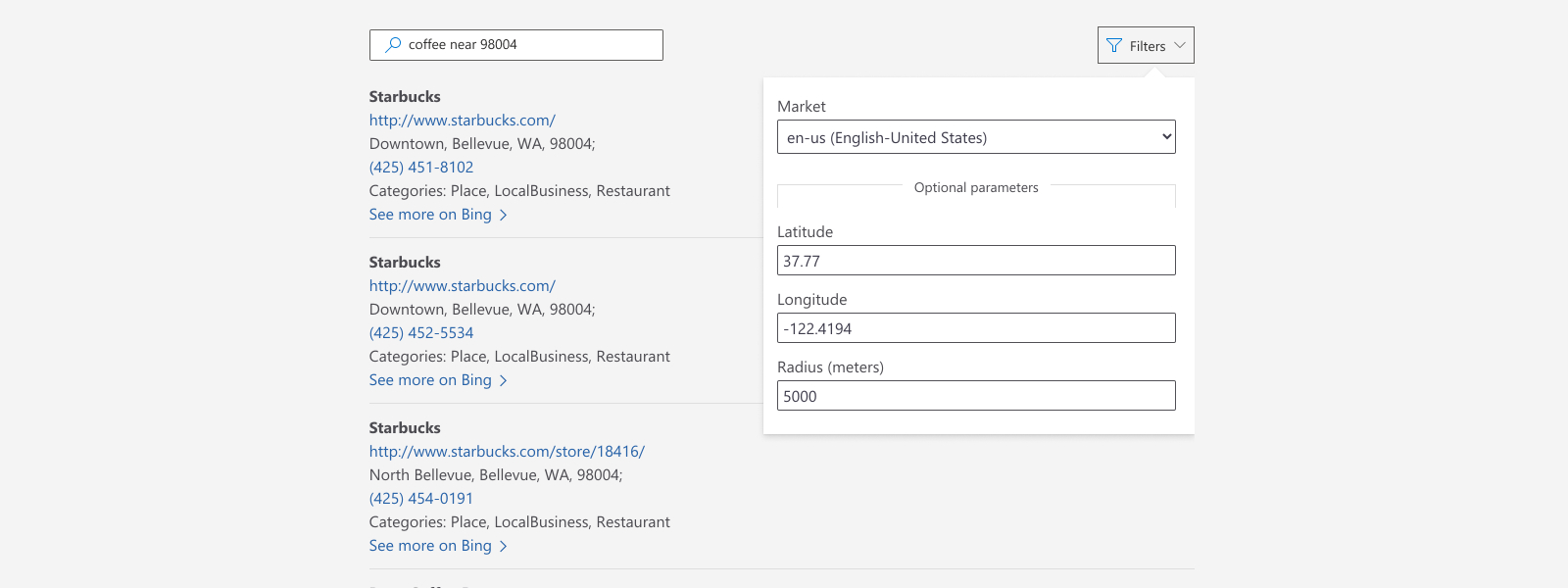 Illustration of using parameters such as market, latitude and longitude for Entity API.