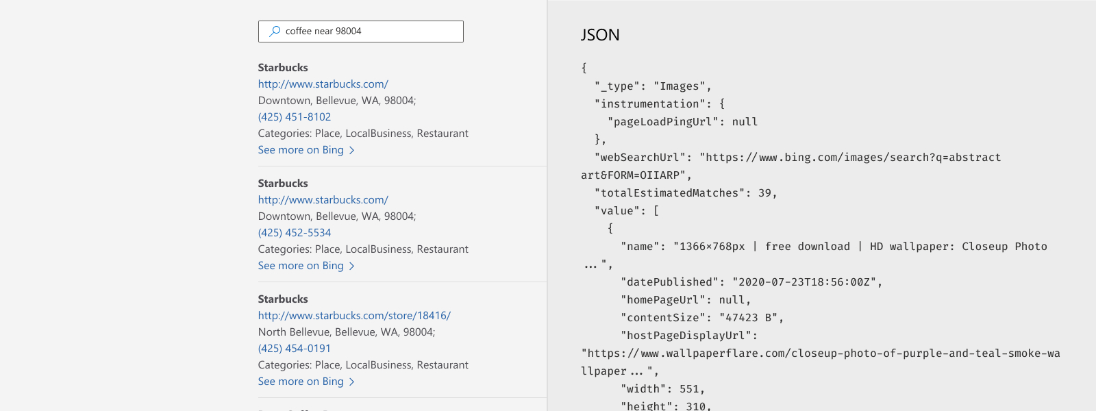 Illustration of JSON response for Bing Entity Search API.