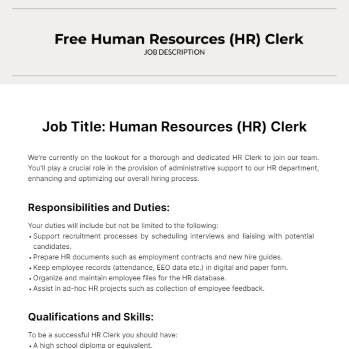 Human Resources (HR) Clerk Job Description Template - Edit Online & Download