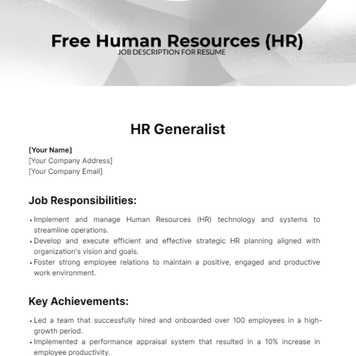 Human Resources (HR) Job Description for Resume Template - Edit Online & Download