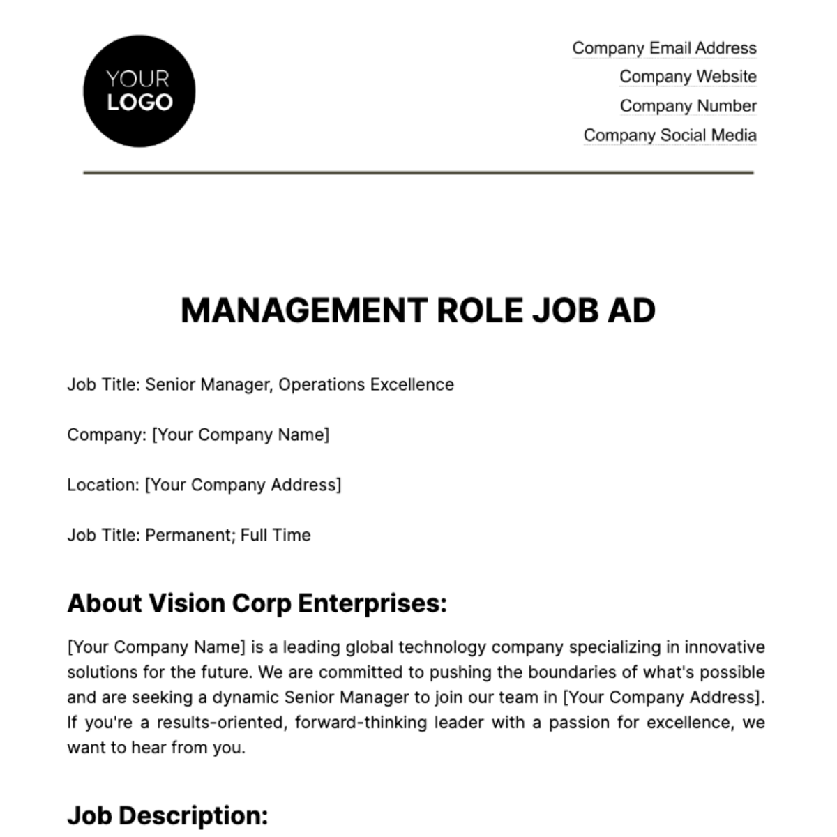 Management Role Job Ad HR Template - Edit Online & Download