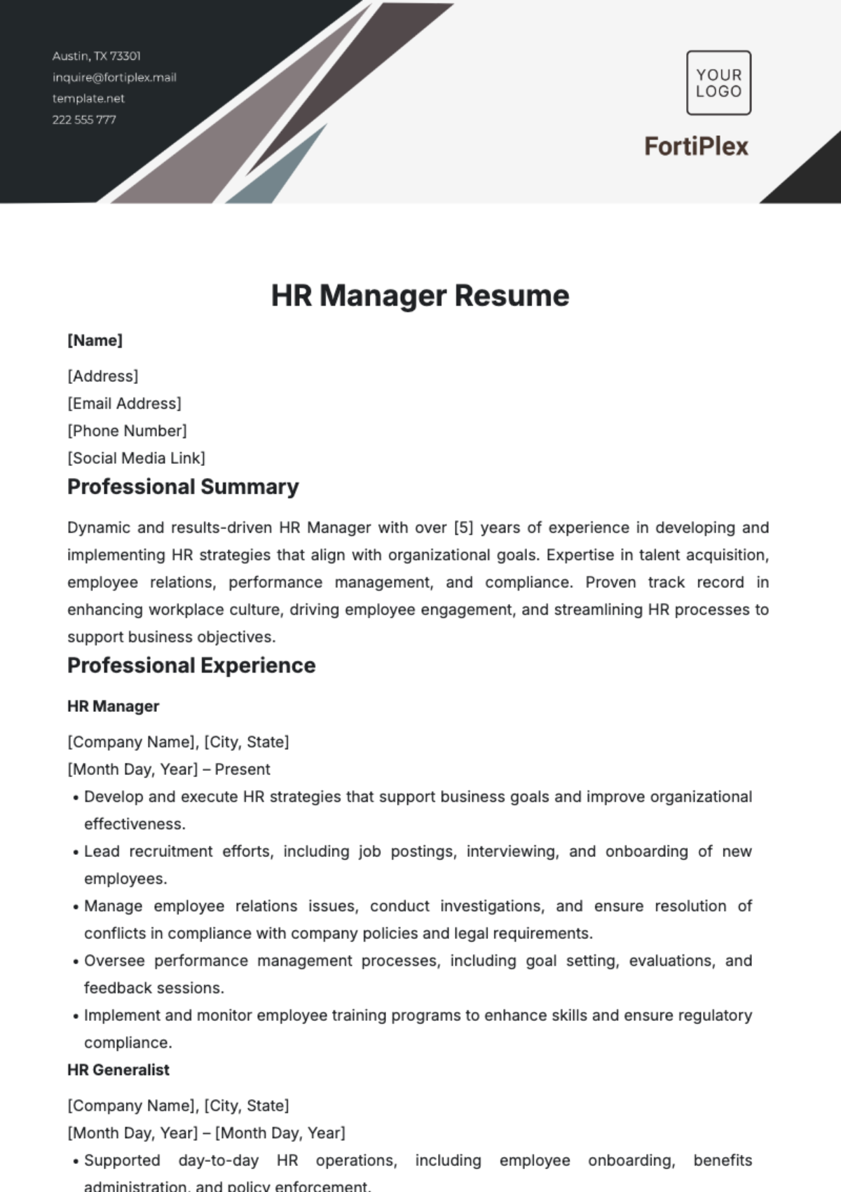 HR Manager Resume Template - Edit Online & Download