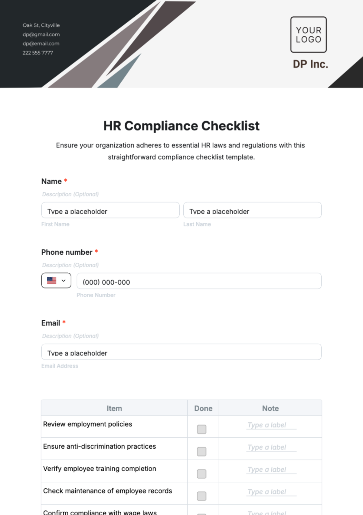 HR Compliance Checklist Template - Edit Online & Download