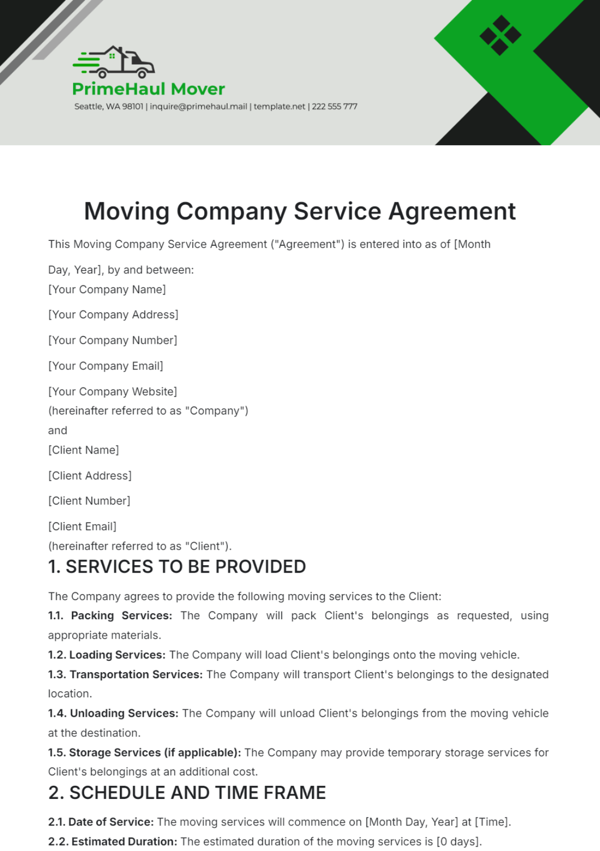 Moving Company Service Agreement Template - Edit Online & Download