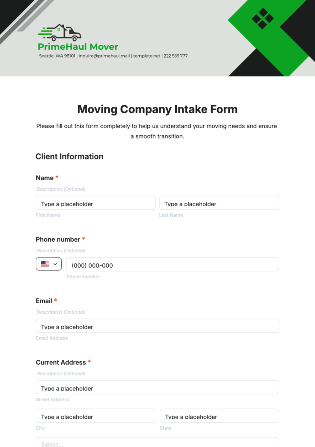 Moving Company Intake Form Template - Edit Online & Download