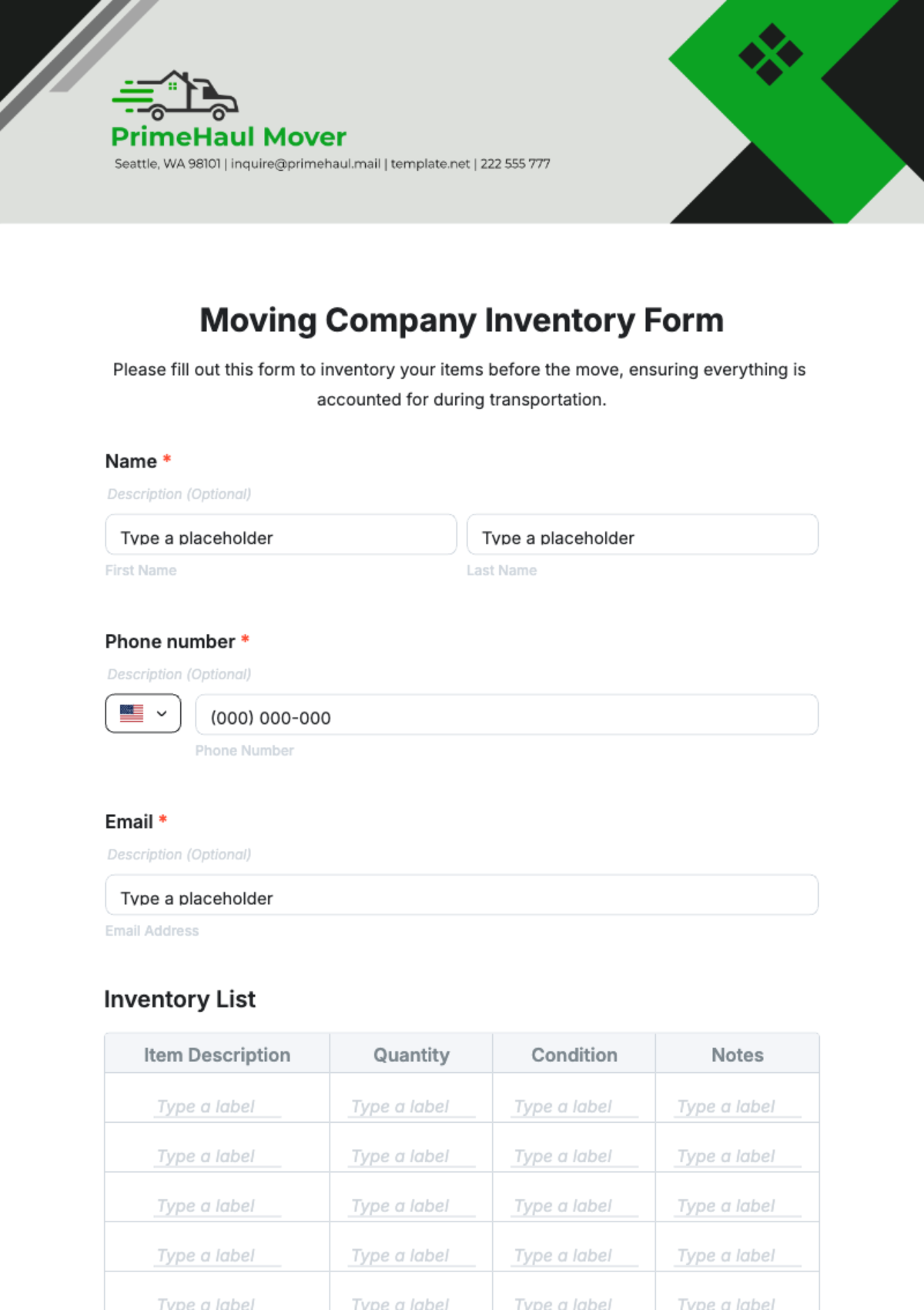 Moving Company Inventory Form Template - Edit Online & Download