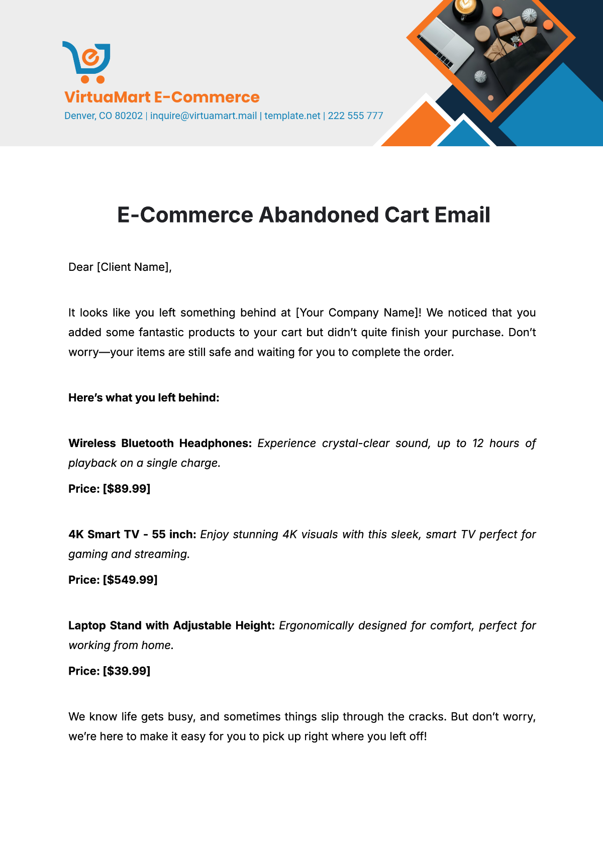 E-Commerce Abandoned Cart Email Template - Edit Online & Download