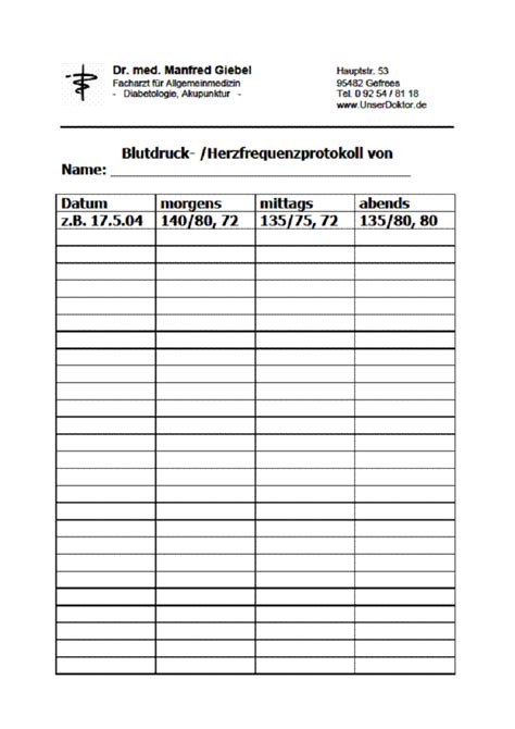 Blutdruck Tabelle Vorlage