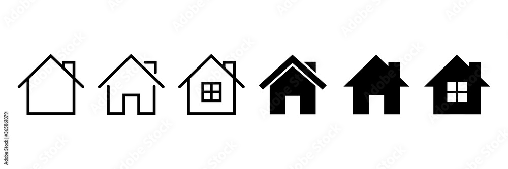 Vector home icons. House symbol. Set of real estate objects and houses black icons isolated on white background.