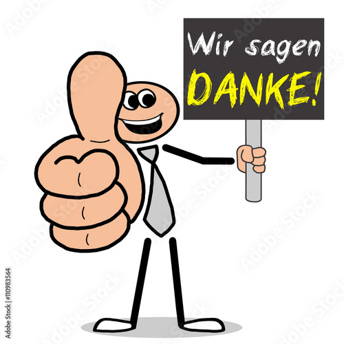 Wir sagen Danke! Mann hält Daumen hoch Illustration Stock | Adobe Stock