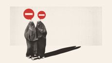 Illustration of two Afghan women with speech bubbles shaped like prohibited road signs