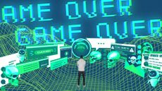 Photo collage of a man standing with his back to the camera in a digital, low-poly landscape. He is small in the frame, and is surrounded by icons representing ads, bots, malware and AI. Above, in the digital sky, a glitchy signal reads, 'game over'. 