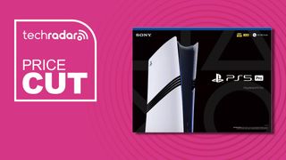 The PS5 Pro box on a pink background with white price cut text