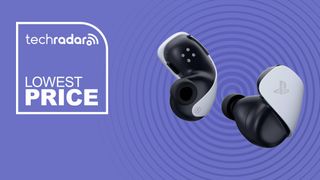 The PlayStation Pulse Explore earbuds on a lilac background with white lowest price text