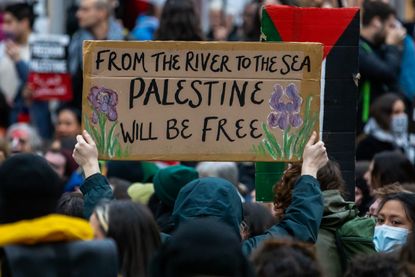 A pro-Palestinian activist holds up a sign reading &#039;From The River To The Sea Palestine Will Be Free&#039;