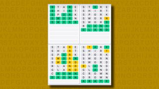 Quordle Daily Sequence answers for game 1061 on a yellow background