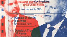 Illustration of JD Vance, Tim Walz and an absentee ballot