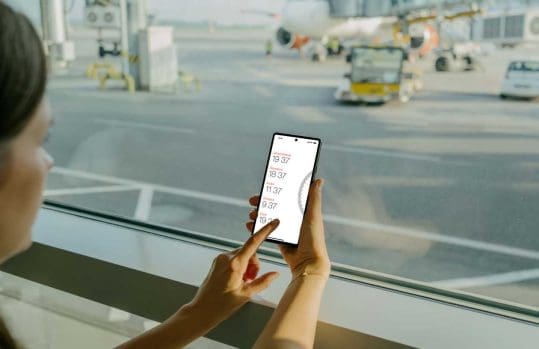 woman using a mobile phone to view timezone application