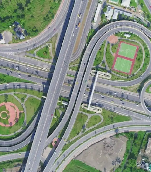 an overhead view of a highway interchange