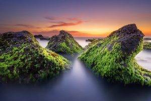 nature, Landscape, Stones, Clouds, Sea, Rock, Sunset, Long Exposure, Blurred, Moss, Horizon