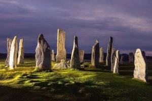 nature, Landscape, Stones, Clouds, Rock, Grass, Field, Night, Lights, Shadow