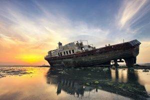 nature, Landscape, Water, Sea, Clouds, Ship, Shipwreck, Rust, Coast, Sun, Reflection, Rock