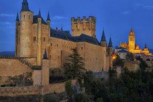 nature, Landscape, Architecture, Castle, Tower, Trees, Church, Clouds, Evening, Lights