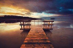 lake, Pier, Clouds, Sunset