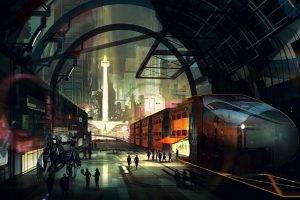 train, Railway, Train Station, Sunlight, Digital Art, Futuristic, Robot, Arch, Silhouette, Building, Artwork, Lens Flare