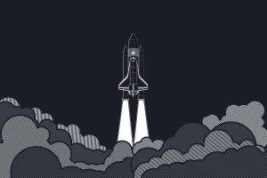 digital Art, Minimalism, Rockets, Spaceship, Flying, Smoke, Gray Background, White, Challenger, Aircraft