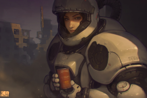 drawing, Science Fiction, Digital Art, Space Suit, Cyrillic, Ruins, Futuristic Armor, Women