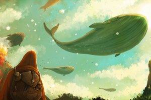 flying whale atmosphere surreal backpacks clouds artwork