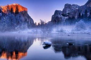 photography, Nature, Landscape, Winter, River, Mist, Snow, Forest, Sunset, Cold, Frost, Yosemite National Park, California