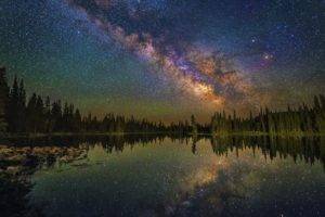 landscape, Mountains, Night, Trees, Pine trees, Lake, Reflection