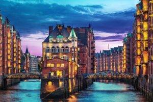 city, Building, Bridge, River, Hamburg, Germany, Night, Speicherstadt