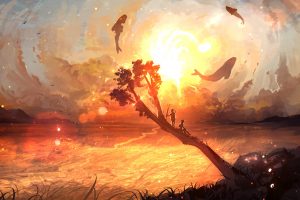 fantasy art, Whale, Sunset, Trees