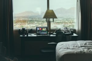 desk, Window, Laptop, Chair, Depth of field