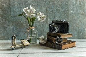 still life, Books, Camera, Flowers