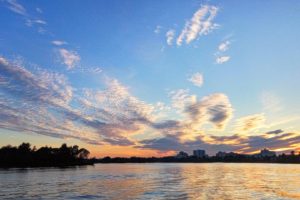 sunset, River, Clouds, Waves