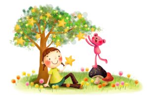 drawing, Childhood, Fantasy, Girl, Animal, Fungi, Dandelion, Tree, Star, Smile, Pigtails, Lawn, Grass