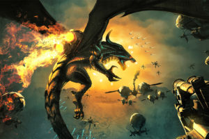 dragon, War, Battle, Steampunk, Technics, Flight, Wings, Fantasy