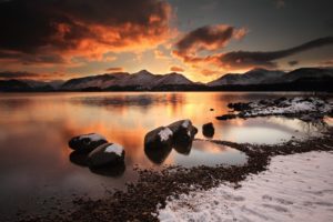 water, Sunset, Mountains, Clouds, Landscapes, Nature, Winter, Beach