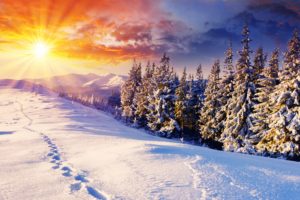 sunset, Mountains, Clouds, Landscapes, Nature, Winter, Snow, Trees, Skyline, Hills, Sunlight, Footprint