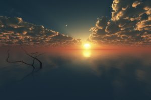 water, Sunset, Ocean, Clouds, Sun, Calm, Oceans, Digital, Art, Reflections, Landmark, Skies