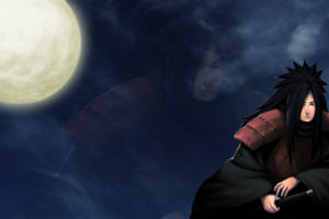 clouds, Moon, Naruto , Shippuden, Armor, Red, Eyes, Uchiha, Madara, Swords, Black, Hair