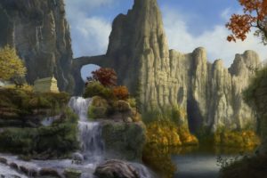 art, Sarcophagus, Autumn, Landscape, Mountains, Rocks, Waterfall