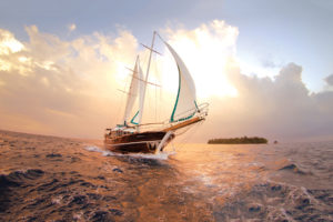 sea, Ocean, Island, Clouds, Sky, Boat, Sailboat